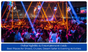 Dubai nightlife with vibrant city lights, rooftop lounges, nightclubs, and evening entertainment.