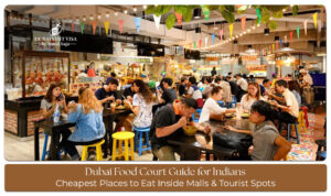 Indian family enjoying a variety of vegetarian and non-vegetarian dishes at a modern Dubai food court.