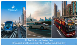 Dubai Metro, taxi, and bus transportation options in Dubai.
