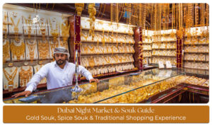 Visitors exploring Dubai's vibrant night markets and traditional souks filled with lights, shops, and local culture.
