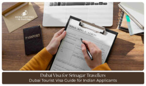 Traveller from Srinagar preparing documents for a Dubai visa before departure.