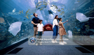 Visitors exploring Dubai Aquarium with marine life, underwater tunnels, and exhibits