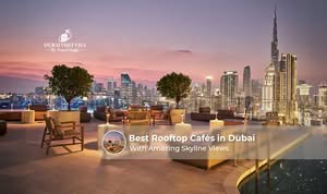 Visitors enjoying food and skyline views at a rooftop café in Dubai