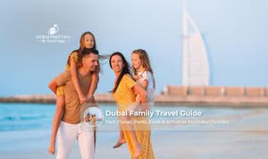 Family enjoying Dubai attractions including theme parks, beaches, Burj Khalifa, and desert safari