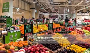 Shoppers browsing fresh produce, groceries, and international products in a Dubai supermarket