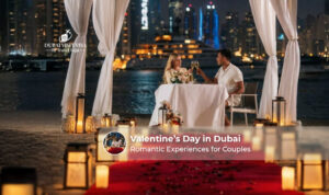 Couple celebrating Valentine’s Day in Dubai with skyline and romantic dinner