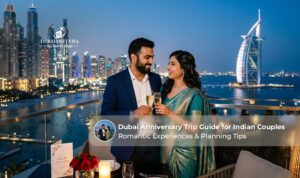 Indian couple enjoying an anniversary trip in Dubai.