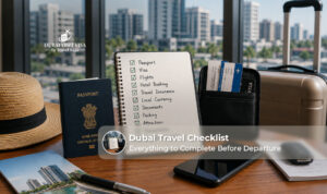 Dubai travel checklist with essential documents and travel items.