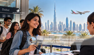 Indian students preparing documents for a Dubai holiday visa application.