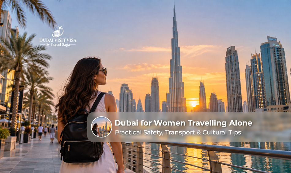 Solo female traveler wearing modest casual clothing standing near Dubai Marina boardwalk with modern skyscrapers in the background.