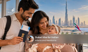 Indian parents preparing visa documents for an infant travelling to Dubai.