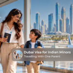 Indian child travelling to Dubai with one parent and preparing for visa and travel requirements.